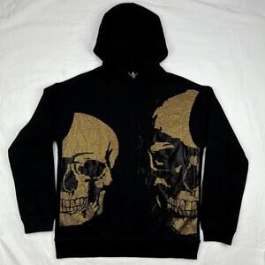 Heads Or Tails Split Skull Pullover Sweatshirt Hoodie Mens M Crown Black Gold